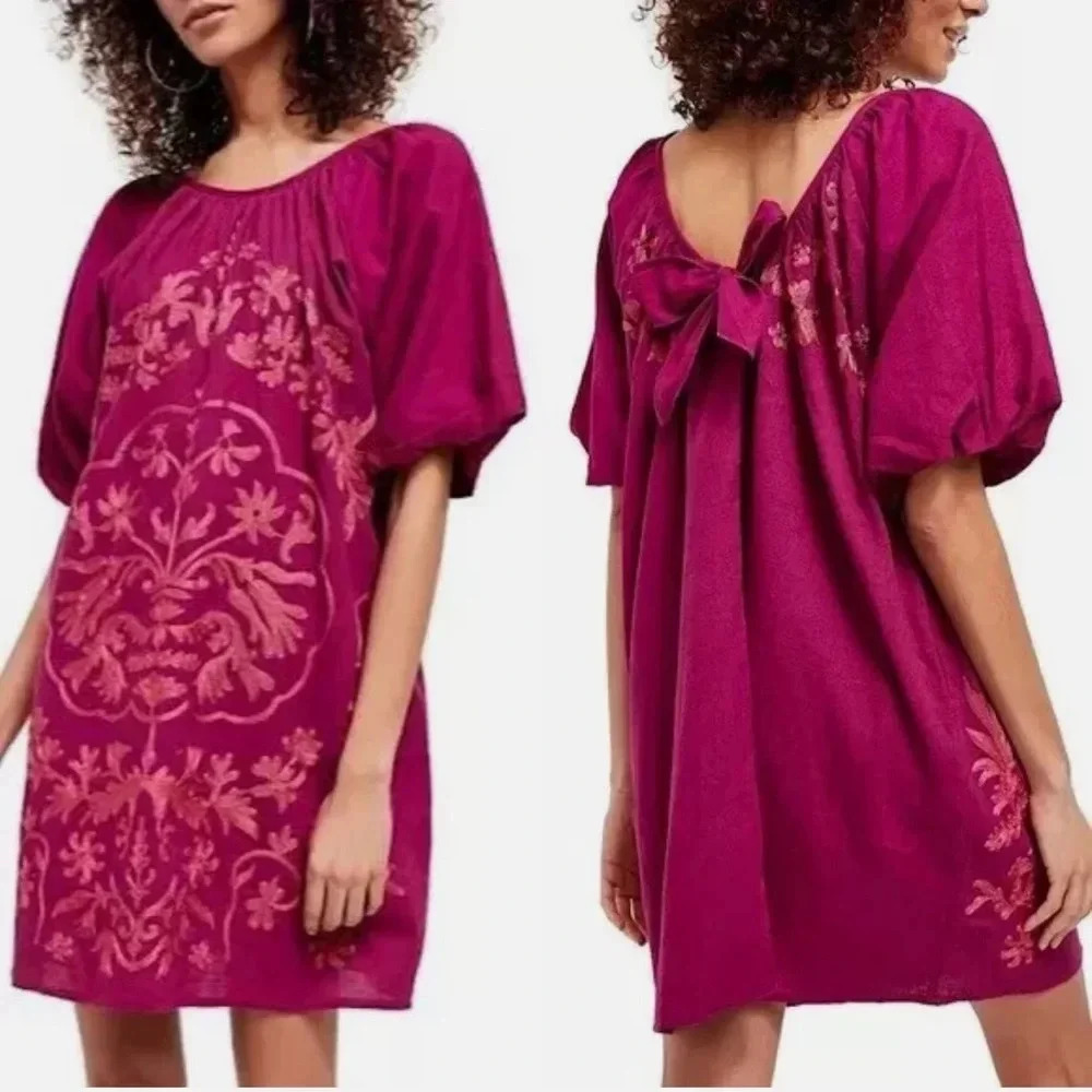 NWT Free People Fiona Embroidered Mini Dress Bright Plum Size Medium